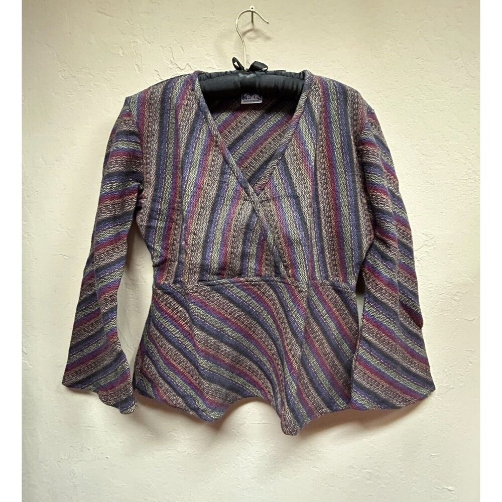 Cheppu Women's Striped Crossover V-Neck Peplum Blouse Top Large Multicolor